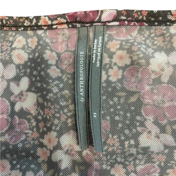 Anthropologie Sheer Mesh Purple Floral Dainty Ditzy Print Ruched Blouse- Xs - Picture 6 of 11